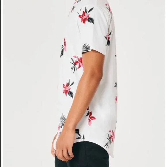 Hollister Men Longline Curved Hem Floral Pattern White Short Sleeve T-Shirt - XS - Picture 3 of 10